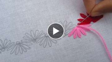 Hand Embroidery, Decorative Border Line Design, Lazy Daisy Stitch with French Knot