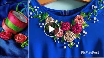 Satin ribbon rose embroidery neck design|passion in fashion|ribbon rose
