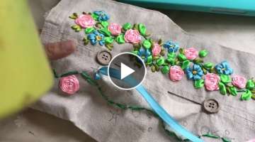 Ribbon Embroidery on tissue box holder part 3