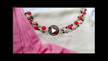 Hand embroidery ring knot flower neck design for kurti salwar|embroidery neckline