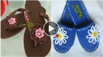 Elegant and stylish hand knitted crochet beautiful flip flops collection,Hand made crochet slippe...