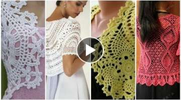 Trendy designer crochet knitted hair pin lace flower shurg design, short blouse for summer seassi...
