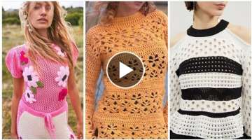 Elegant Latest 43 women fashion Cute crochet knitted lace flower pattern blouse & top dress desig...