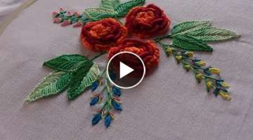 Hand embroidery designs. Chain and bullion stitch roses. Brazilian embroidery.