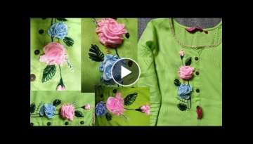 Ribbon rose embroidery in simple kurti ????????