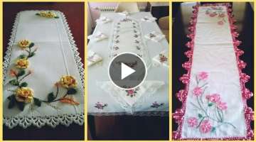 latest new Crochet lace table cloth With Ribbon embroidery/ Qureshiya work Designs with Ribbon wo...