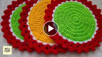 Woolen Round Placemat / Doily, Crochet Flat Circle mat | Crochet Cup Coaster, Thalposh, Wool Ruma...
