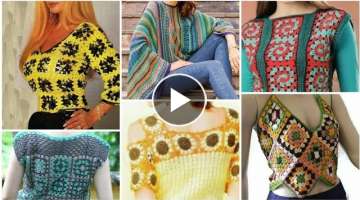Trendy designer multi shades granny sequare pattern blouse,jumper,sweater,crochet dress design