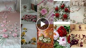 Ribbon work bed sheet pillows and impressive cousins Embroidery/ribbon embroidery rose