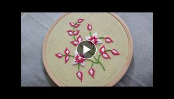 Hand embroidery of an easy and beautiful flower design with chain stitch and long and short stitc...