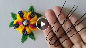 Amazing Hand Embroidery flower design trick with hair pin | Hand Embroidery flower design idea