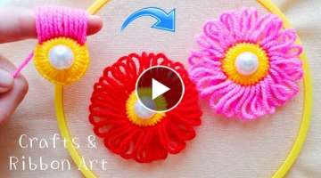 Easy Woolen Flower Making Ideas with Finger - Hand Embroidery Amazing Trick - DIY Woolen Flowers