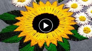Sunflower Embroidery,Classical Hand Embroidery,Lazy Daisy and Satin Stitch Embroidery,Stitch-123