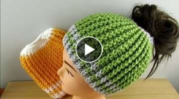 Crochet Messy Bun Hat Ponytail beanie tutorial adults 18