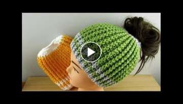 Crochet Messy Bun Hat Ponytail beanie tutorial adults 18