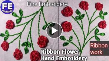 DIY Ribbon Embroidery Read Rose/Hand Embroidery Flower design tutorial/Ribbon Flower design stitc...