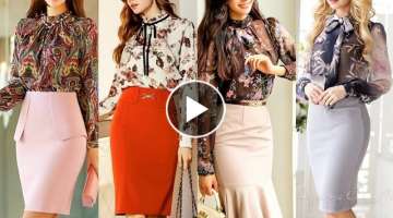 Top 40+professional office women western style printed top with plain skirts for girls 2021-22