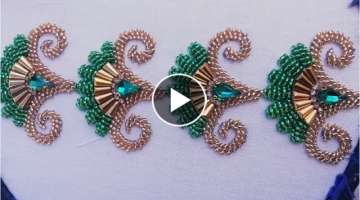 hand embroidery design with beads pearl,border line embroidery