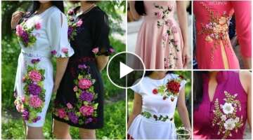 Flower Ribbon embroidery dresses | ribbon work on dresses | hand embroidery ribbon work |