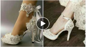 Latest designer embroiderd white Charming lace decor bridal pump heels shoes design,