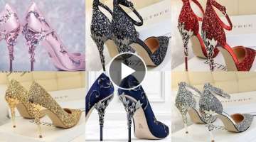 Embellished & embroidered beads work pointed toe high heel pumps/shoes designs for wedding wear
