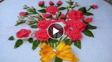 Hand Embroidery : Bullion Knot and brazilian Stitch Roses flower design
