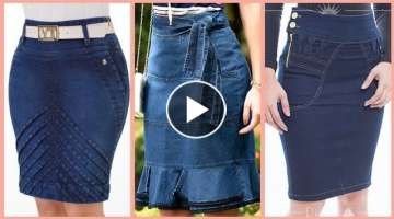 simple and elegant knee length denim skirt design and outfit ideas for girls and women