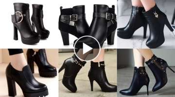 Top55 belt buckle black leather women ankle boots and shoes//stiletto high heel short ankle boots