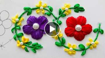Hand Embroidery : Ribbon Embroidery / Ribbon Border Embroidery / Flower Embroidery