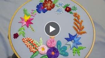 Flower Wreath | Easy woven wheel stitch and bullion lazy daisy stitch tutorial for beginners