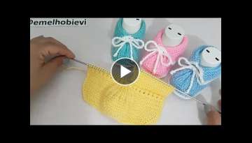 Gömlek Yaka Bağcıklı İki Şişle Bebek Patiği Yapılışı /Knitting Baby Socks Booties DIY...
