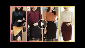 Women office wear knee pencil skirt and blouses top collection designs dresses 2021