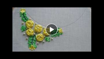 Satin Ribbon Embroidery: Neckline Design / Woven Wheel Stitch