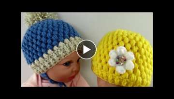 Crochet baby hat Puff stitch with pom pom flower 0-3 months - Designed by Happy Crochet Club