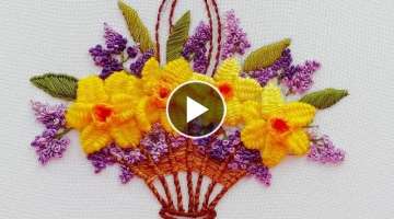 Flower Embroidery: Basket with flowers Daffodils