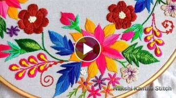 Hoop Embroidery/Flower Design tutorial with basic stitches,Cushion cover design,Flower embroidery...