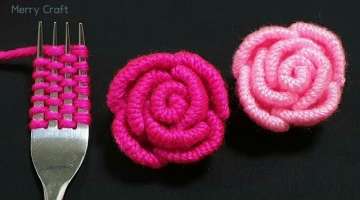 Easy Rose Flower Making Idea with Woolen - Hand Embroidery Amazing Trick - Sewing Hack - Wool Des...