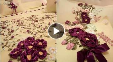 Top Stylish Ribbon Work Embroidered Bedsheets Designs||Royal Silk Ribbon Embroidery On Bedspread