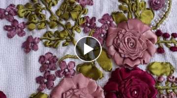 Ribbon embroidery on bedsheet|ribbon roses on bedspread|how to make ribbon work on bedsheets|Beds...
